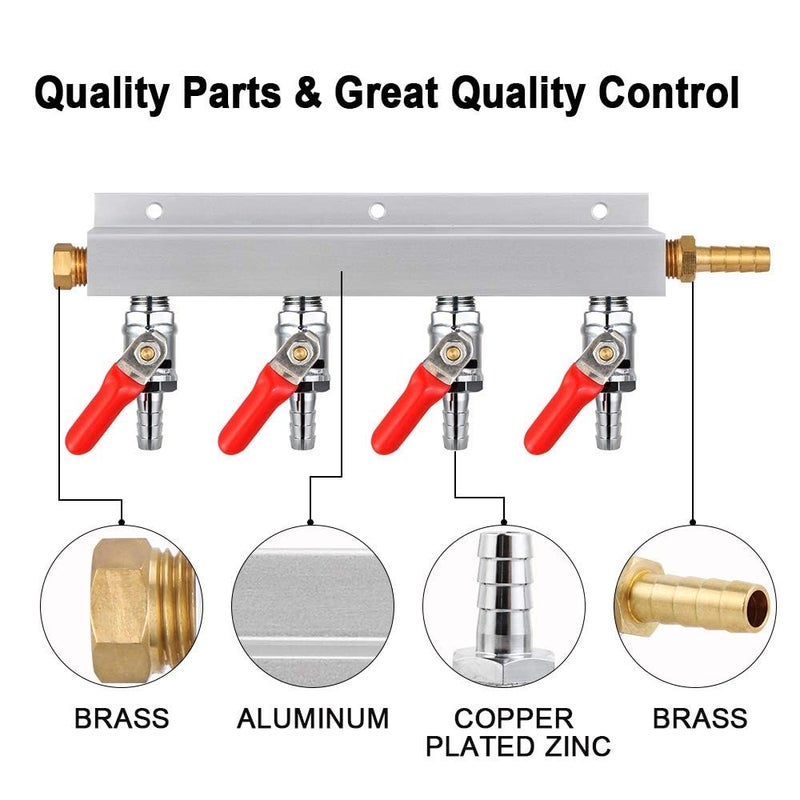 MRbrew Gas Manifold, CO2 Gas Distributor, 5/16'' Barb Fitting Beer Kegerator Splitter, 4-Way Air Distributor with Integrated Check Valves & Hose Clamps - Image 3